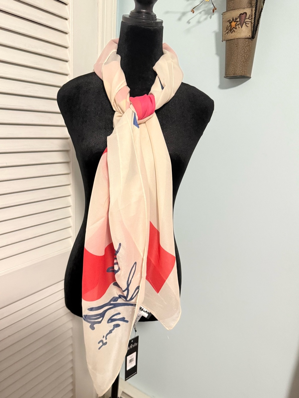 Karl Lagerfeld Cream Scarf with Red and Blue Accents and Karl Signature!